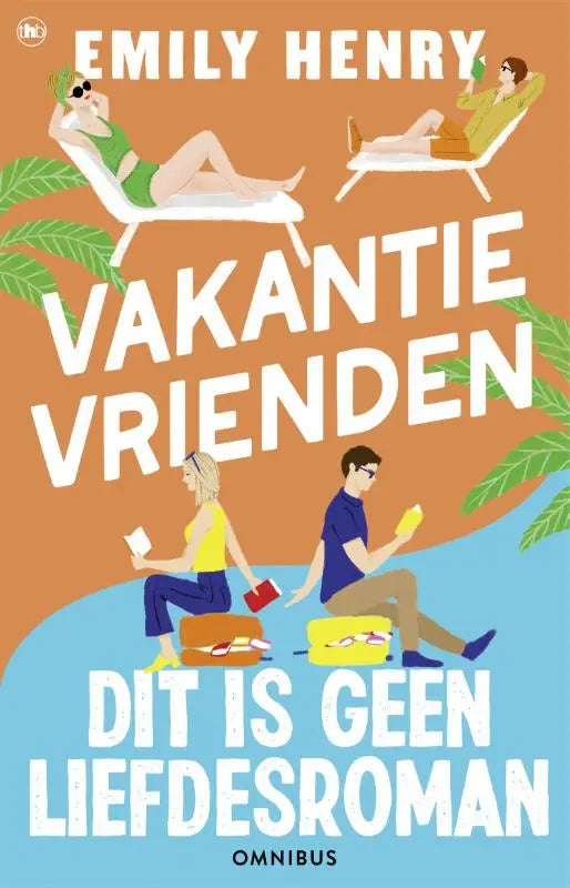 De boekcover van maren stoffels toont een oranje blauwe achtergrond en relaxte strandillustraties bij herkenbare situaties