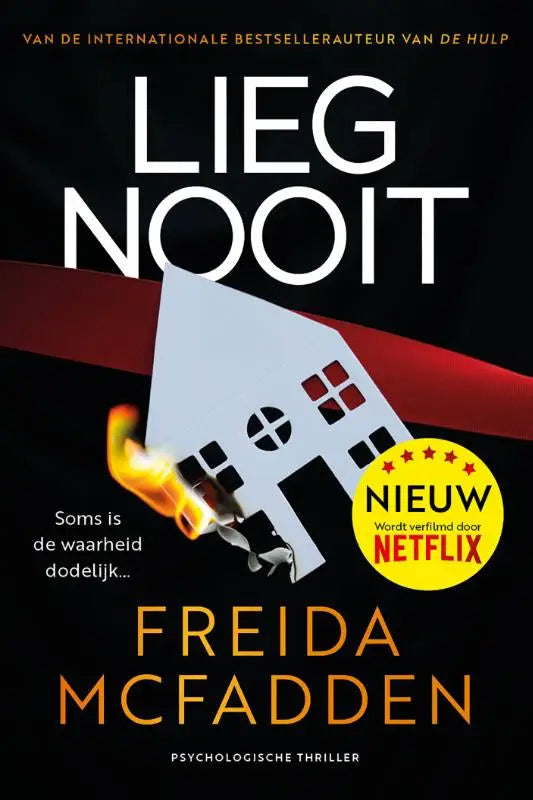 Een wit papieren huis met rode ramen dat deels brandt bij de basis voor lieg nooit van freida mcfadden