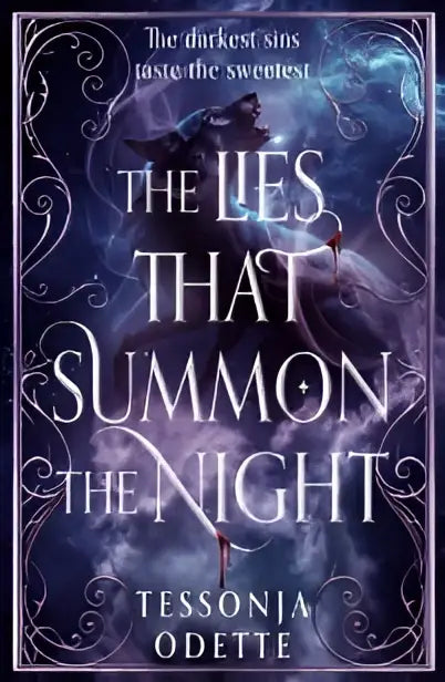 De boekcover van lies that summon the night door tessonja odette toont een donkerpaarse en zilveren filigraanillustratie
