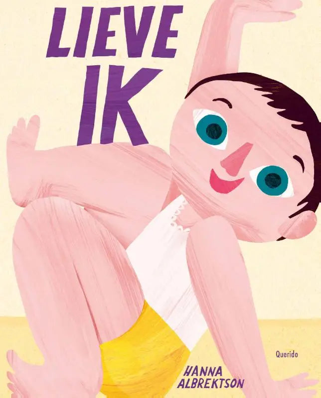 Een vrolijke geïllustreerde baby met blauwe ogen en donker haar in witte top en gele korte broek voor jonge lezers lieve ik