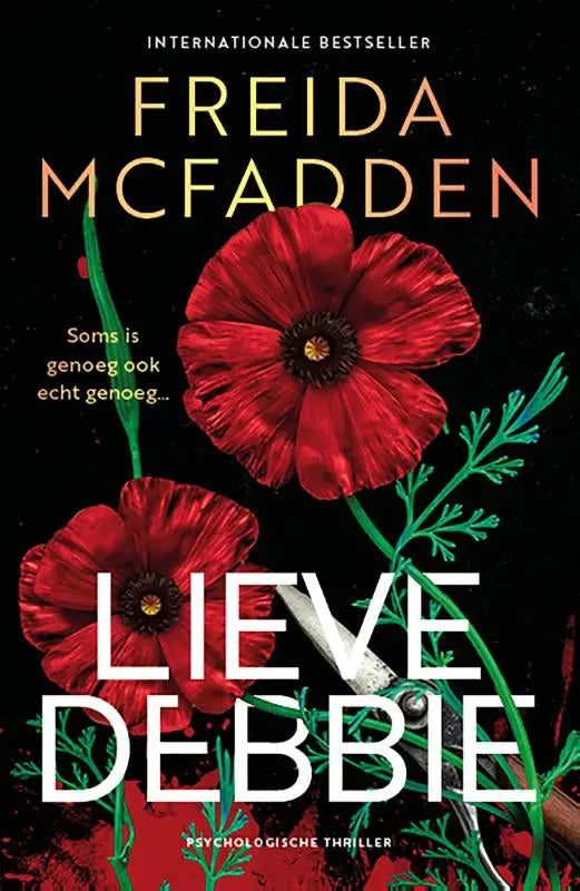 The book cover of lieve debbie by freida mcfadden features vibrant red poppies with green stems on a black background
