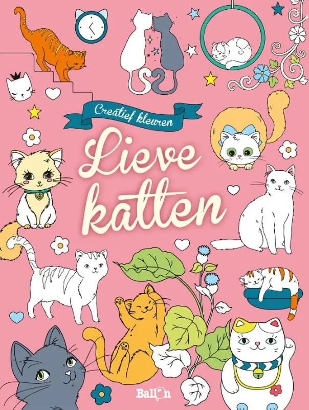 Roze kleurboekcover lieve katten met cartoonkatten in diverse kleuren en poses voor creatief kleuren ballon kids