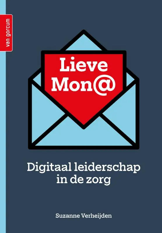 De boekcover van lieve mon toont een lichtblauwe envelop met een rood hartlabel digitaal leiderschap