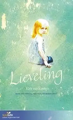 Een zacht teal boekcover van lieveling met een aquarelillustratie van een meisje dat een kleine puck vasthoudt