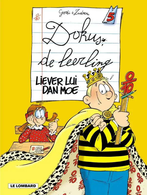 Cartoonfiguur van een geel-zwarte bij met kroontje, blauwe broek en luipaardcape voor liever lui dan moe strips algemeen