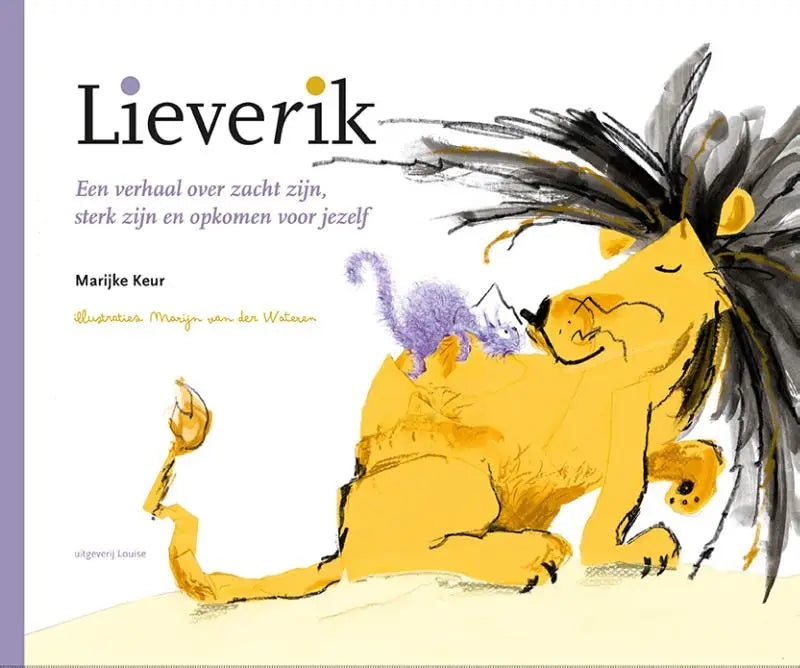 Lieverik illustratie van gele leeuw met zwarte manen en paarse kat op rug in aquarelstijl
