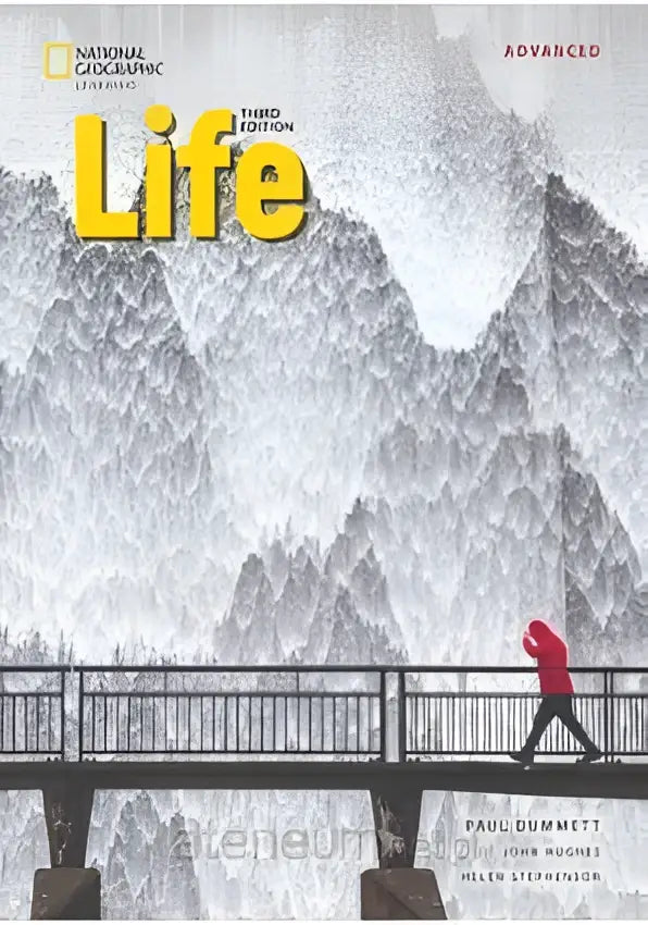 De cover van national geographic learning life 3rd edition advanced boek toont een zwart-wit berglandschap met een rode figuur op een brug