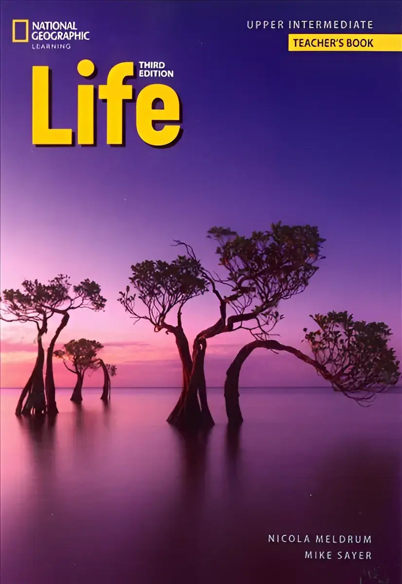 De cover van de nationale geografische learning life upper intermediate teachers book derde editie in geel en blauw