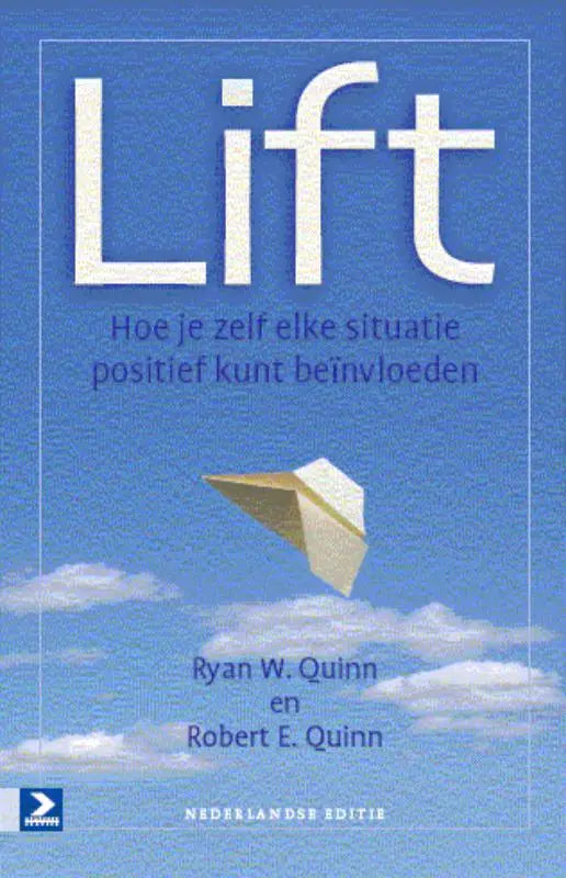 Blauwe boekcover lift met witte titel en vliegend papieren vliegtuig tegen lucht voor situatie positief beïnvloeden