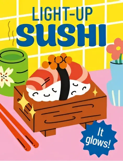 Een felgekleurd kinderboek met een houten sushi doos gevuld met lichtgevende light-up sushi met batterij