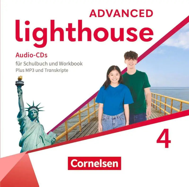 Advanced edition audio-cds lighthouse band 4 mit schulbuch und workbook cover weiß mit roten diagonalakzenten und studenten am pier