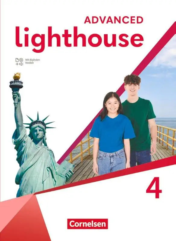 Cover van lighthouse band 4 schuljahr schulbuch mit digitalen medien met groene vrijheidsbeeld en studenten