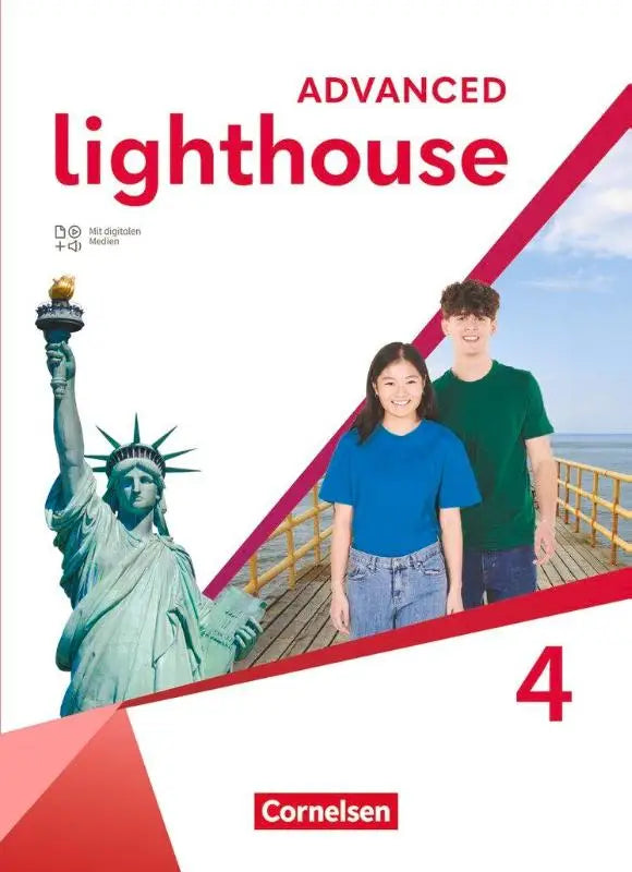 De cover van het advanced edition lighthouse band 4 schoolboek toont een groene vrijheidsbeeld illustratie met digitalen medien