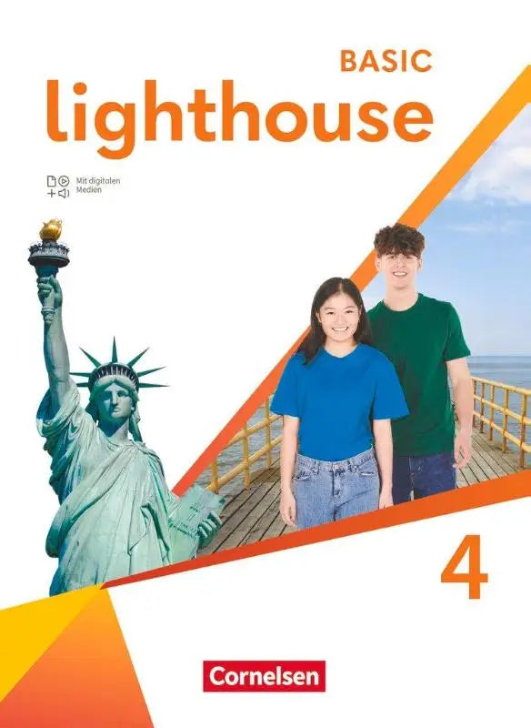 Oranje en witte basic edition van lighthouse band 4 leerboek met beeld van statue of liberty en studenten met digitalen medien