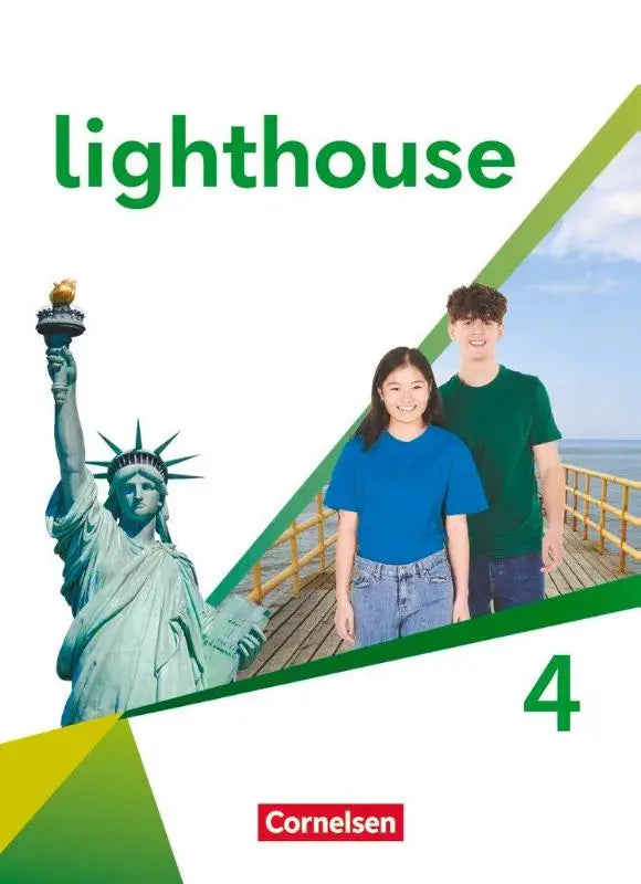 Groen-witte harde kaft van lighthouse band 4 schulboek met de statue of liberty en twee lachende leerlingen op een pier met digitale media