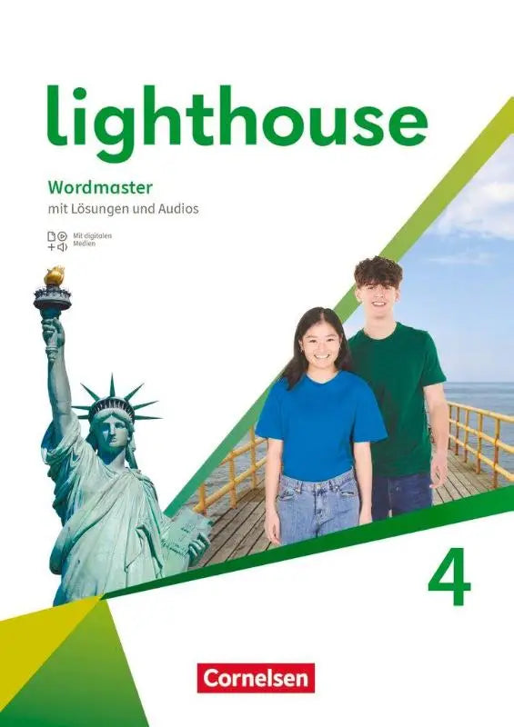 Groen-witte lighthouse band 4 general edition woordenschatboek met jonge man en vrouw op pier en vrijheidsbeeldillustratie