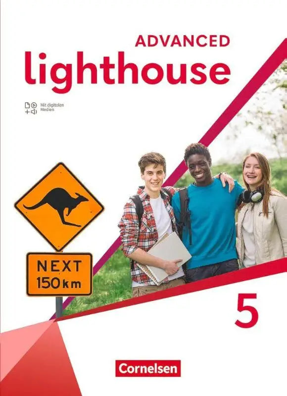 Cover van lighthouse band 5 advanced edition mit digitalen medien met drie lachende leerlingen en een kangoeroewaarschuwing