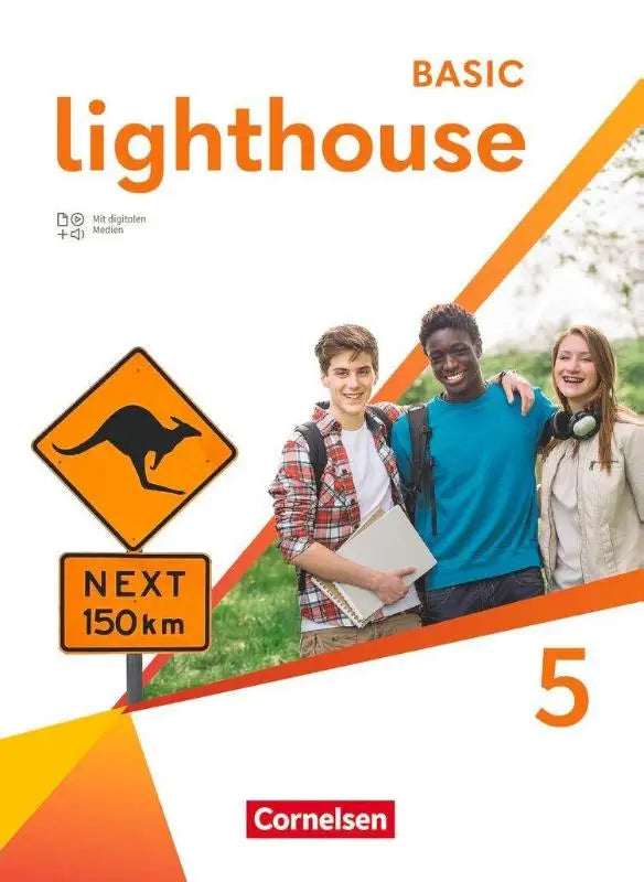 Oranje witte basic lighthouse 5 schoolboek met drie lachende studenten en kangoeroewaarschuwingshirt met digitalen medien