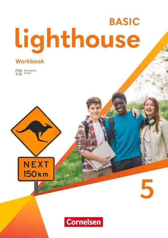 Cover van lighthouse band 5 basic edition workbook mit audios met oranje witte kleur en drie lachende studenten en kangoeroebord