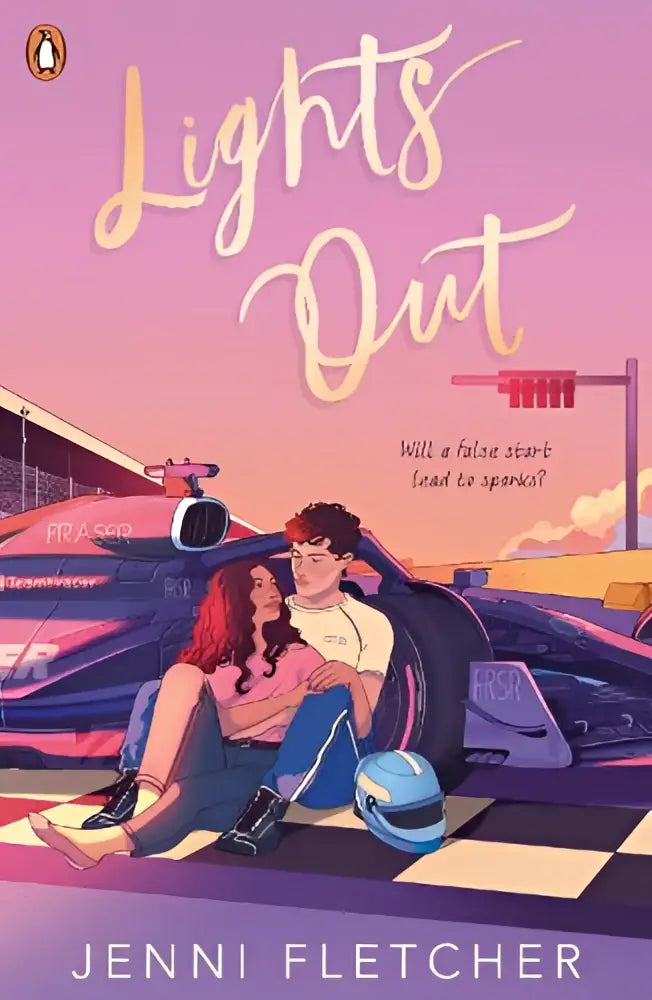 De boekcover van lights out door jenni fletcher toont twee personen op een racewagen voor een zwartwit vlag op roze paarse achtergrond