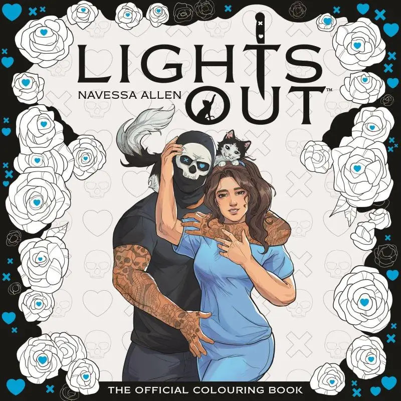 The official colouring book lights out by navessa allen features a black and white cover with blue accents and floral borders