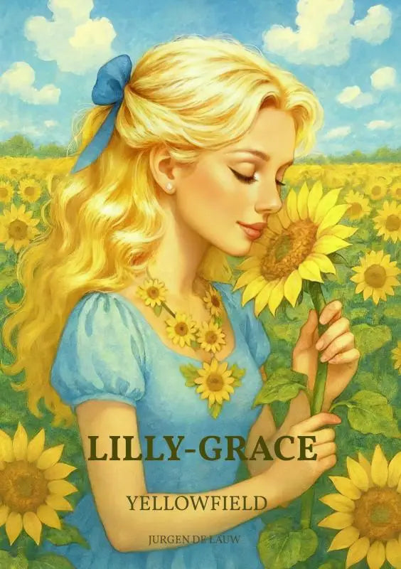 A woman with long blonde hair tied by a blue bow wears a light blue lilly-grace autumnberry dress with sunflowers