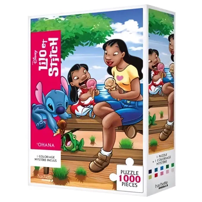Lilo & stitch mysteriepuzzel 1000 stukjes met kleurrijke illustratie van lilo, stitch en vrienden onder een boom