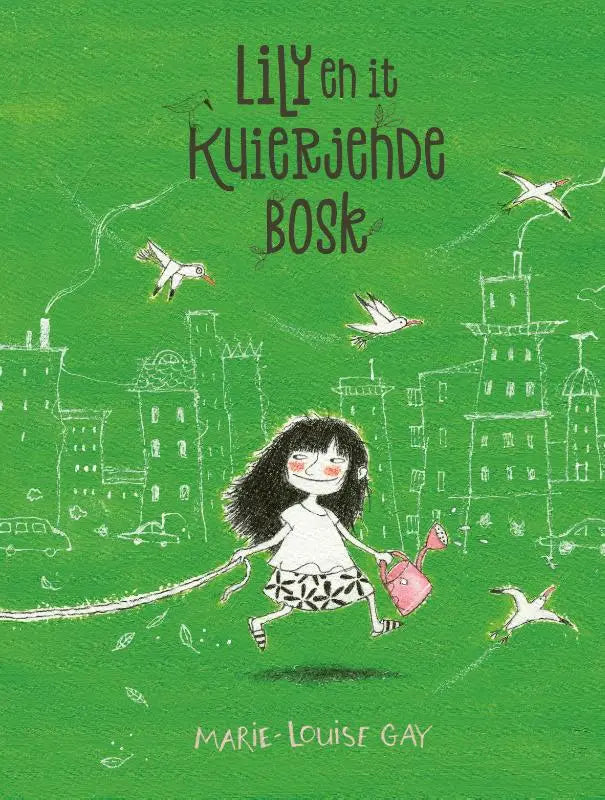 Een roze gieter met handvat en tuit wordt vastgehouden door een getekend meisje in de kuierjende bosk illustratie