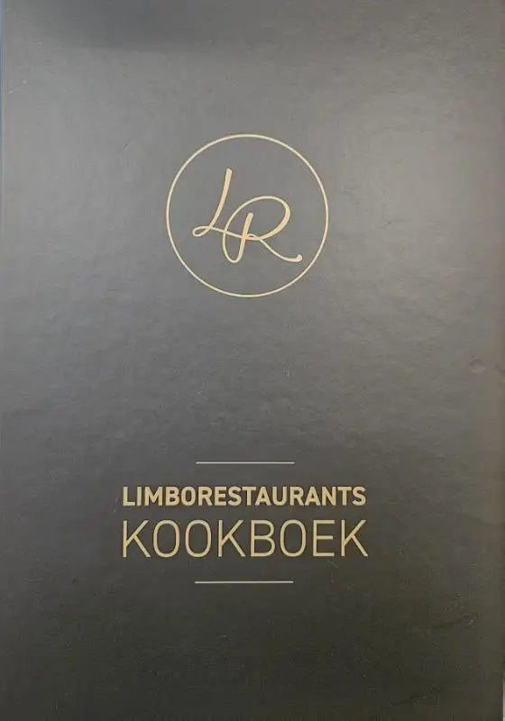Donkergrijs kookboek limborestaurants kookboek met goudfolie logo en titel in ronde embossing