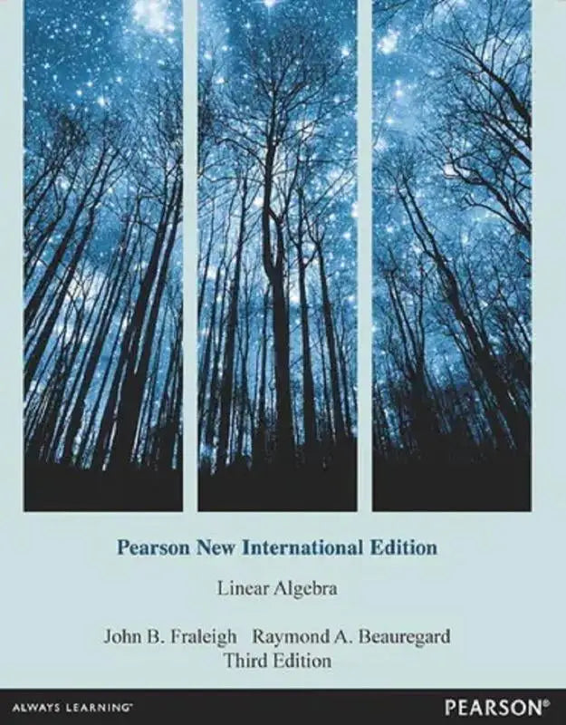 De cover van het boek linear algebra pearson new international edition toont blauwe silhouetten van bomen tegen een sterrenhemel