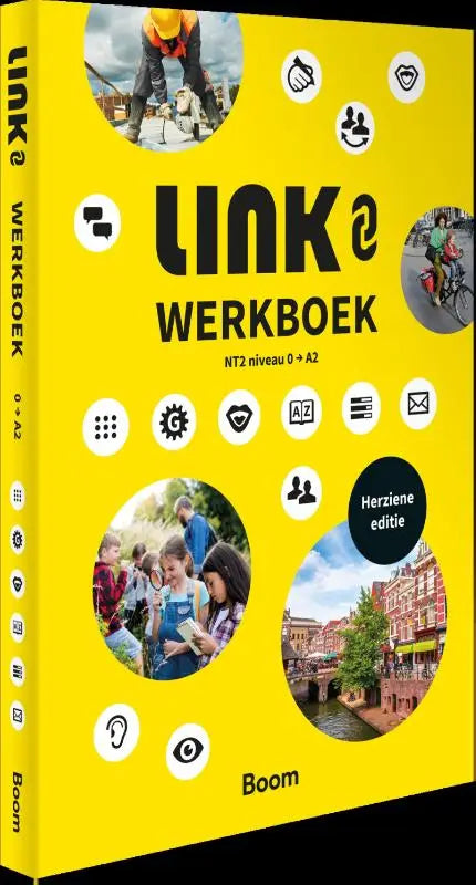 Helder geel link werkboek met circulaire foto’s en iconen op de cover herziene editie 2023