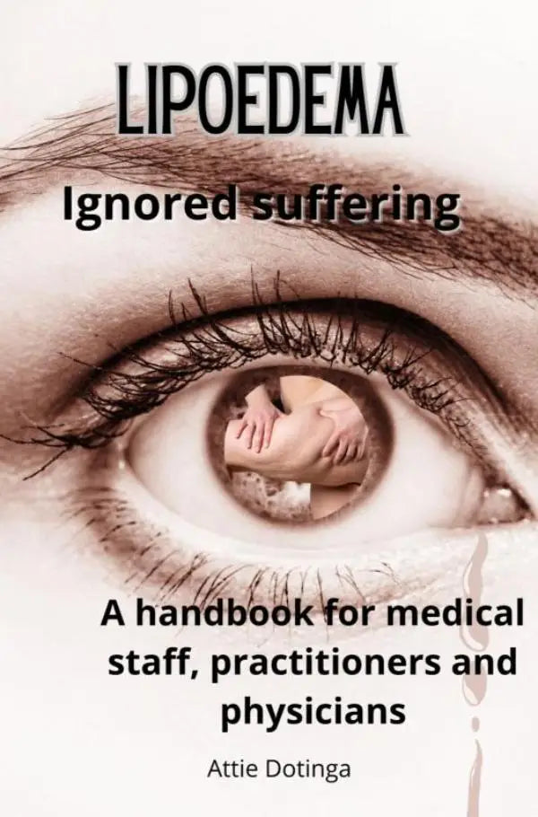 Sepia-oog met gedetailleerde iris en wimpers en inset afbeelding van handen die een gezicht vasthouden in de pupil over ignored suffering bij lipoedeem