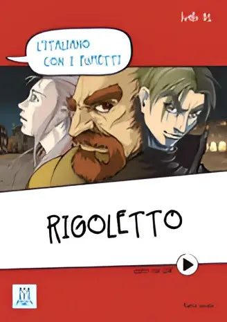 Rood dekkend leerboek rigoletto met cartoonillustraties van drie personages in litaliano con i fumetti b1