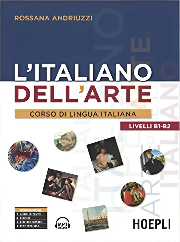 De cover van litaliano dellarte cursusboek voor lingua italiana door rossana andriuzzi uitgegeven door hoepli