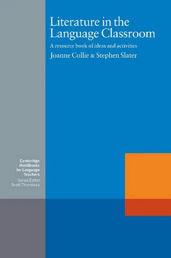 Boek met blauwe en grijze omslag en oranje vierkant, literatuur in de taalklas met technieken voor activiteiten