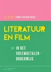 Poster literatuur en film in het vreemdetalenonderwijs met felle groene tekst op witte achtergrond