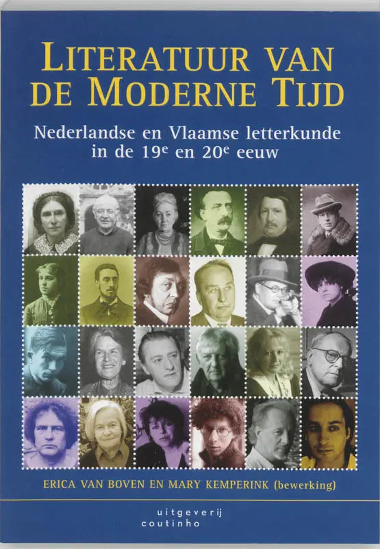 Blauwe boekcover literatuur van de moderne tijd met vlaamse letterkunde en 20e eeuwse portretten en gele tekst