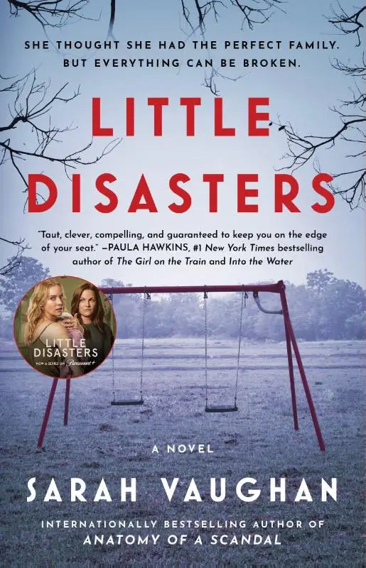 The book cover of little disasters by sarah vaughan shows a red metal swing set against a muted overcast sky