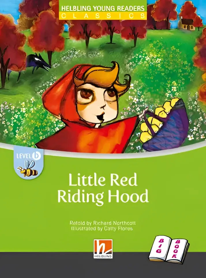 Little Red Riding Hood big book: cartoon met rode kapmantel, paarse mand met gele items in herfstbos