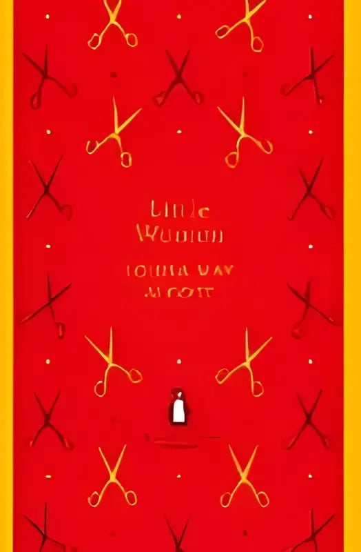 Rode hardcover editie van little women met gouden schaarpatroon en wit pinguïnlogo, ideaal voor how to sail leren