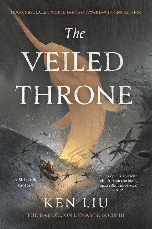 The veiled throne is a hardcover book featuring a glowing veiled figure emerging from turbulent waters on its cover