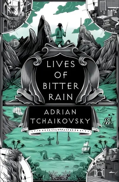 De roman lives of bitter rain van adrian tchaikovsky heeft een zwart-witte omslag met groene accenten en behoort tot tyrant philosophers novella