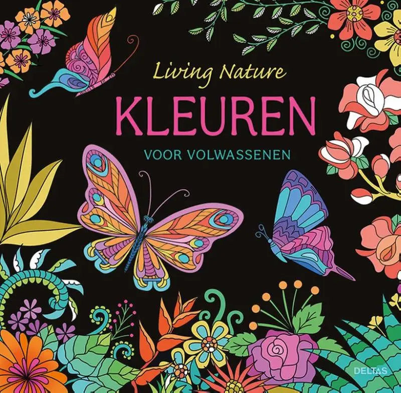 Adultkleurboek living nature met levendige deltas chantecler vlinders en bloemen op de omslag