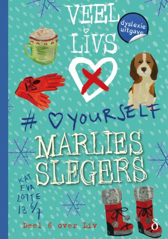 De boekcover van veel livs toont een teal achtergrond met sneeuwvlokken en illustraties voor love yourself thema
