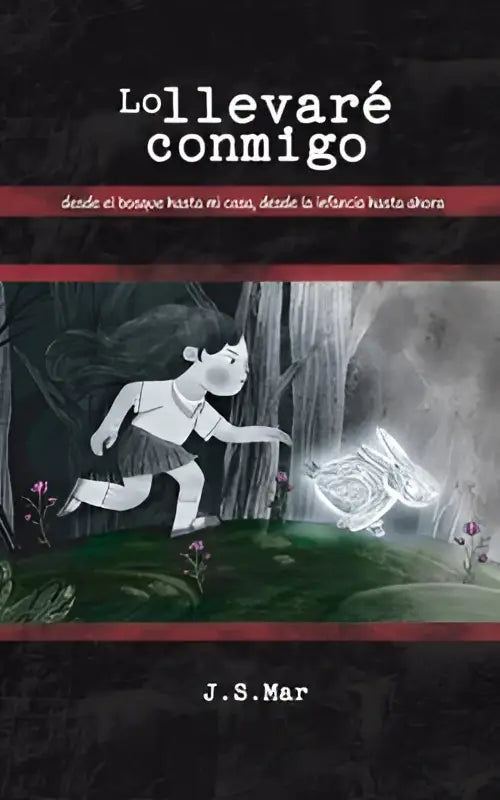 De boekcover toont een zwart-wit illustratie van een kind dat rent vanuit het bos tot aan mijn huis naar een gloeiende vlinderachtige wezens