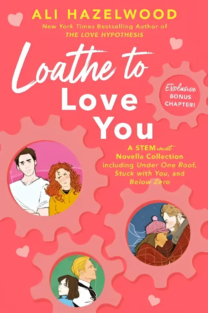 Roze boekomslag van loathe to love you door ali hazelwood met geïllustreerde portretten en tandwielontwerpen