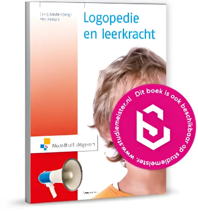De boekcover van logopedie en leerkracht door carry lindenberg-meijerman toont een witte en oranje achtergrond met een blauwe titel en een illustratie van een kind en een megafon