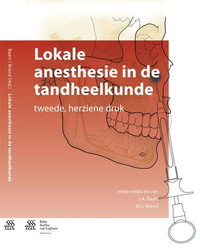 Boekcover lokale anesthesie in de tandheelkunde met rode achtergrond, witte tekst en zwart lijntekeningen van kaak en injectie bsl media