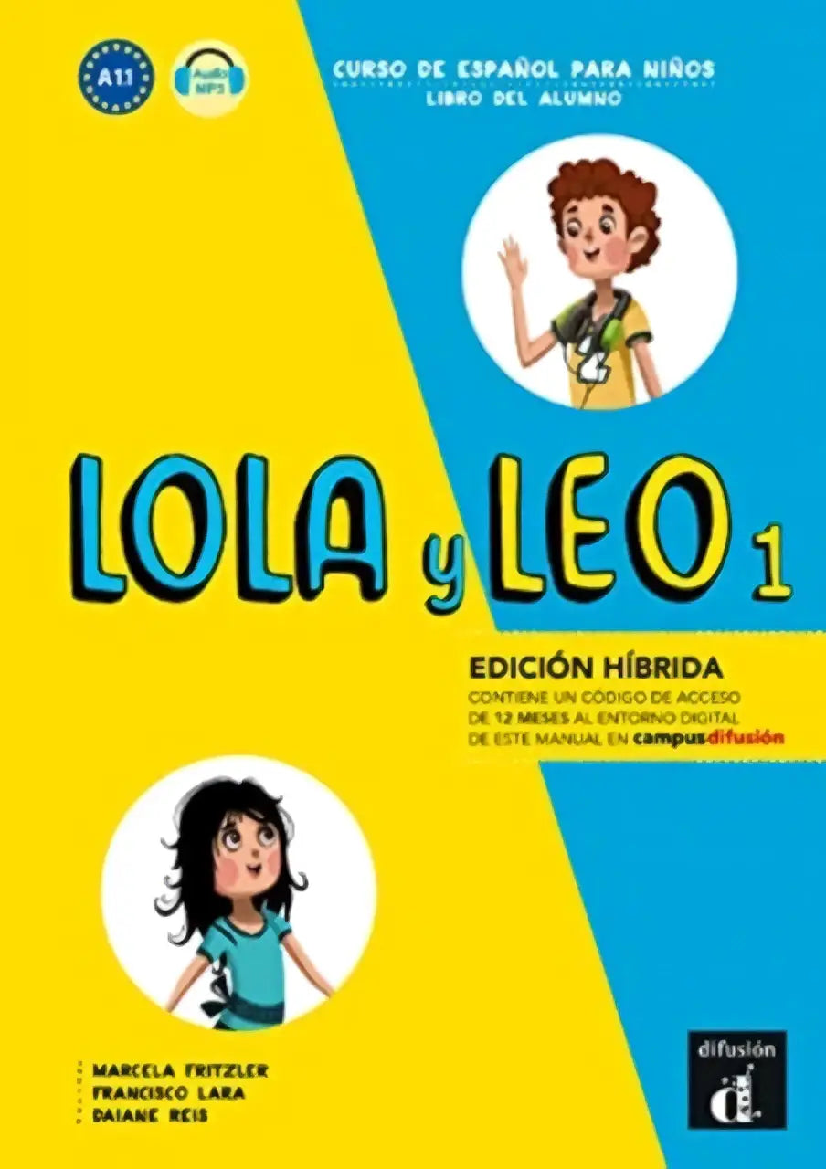 Helder geel en blauw kinderboek lola y leo 1 edicion hibrida libro del alumno met cartoonillustraties en mp3 audio