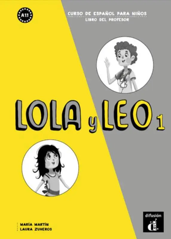 Gele en grijze illustratie van lola y leo libro del profesor kinderspaansboek met cartoonpersonages lola en leo